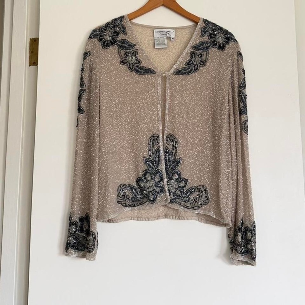 Vintage Adrianna Papell Beaded Evening Cardigan Sheer Sequin Floral Y2K Formal M